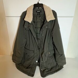 DKNY Women's Utility Jacket in Olive with Shearling Collar.  Winter Warm.
